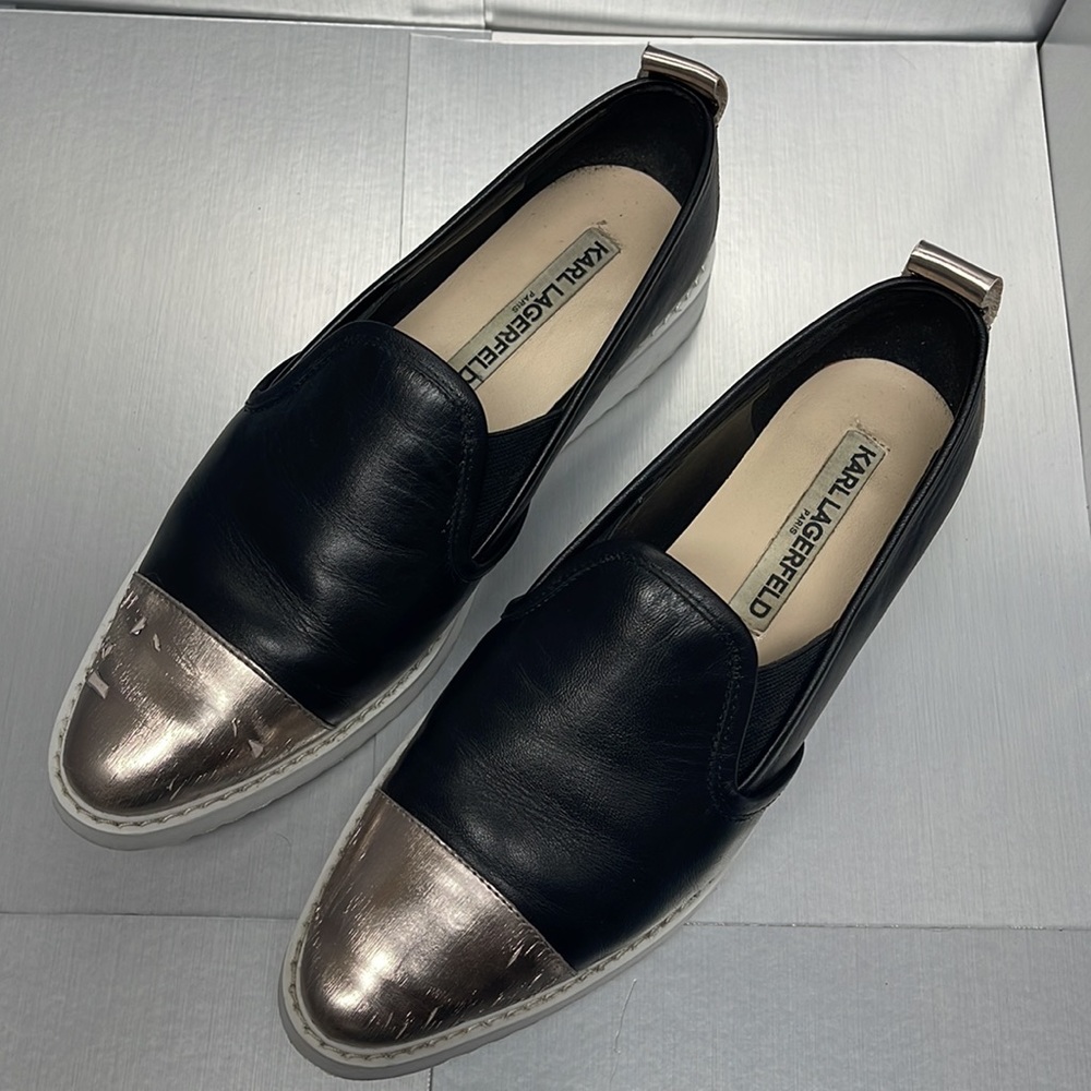 Gently used Karl Lagerfeld Paris Nappa Loafer Black/Gold 6.5 - Picture 8 of 8